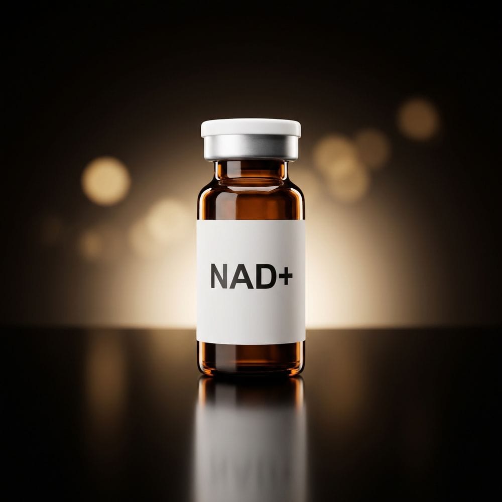 Amber NAD+ vial with a white cap on a black background