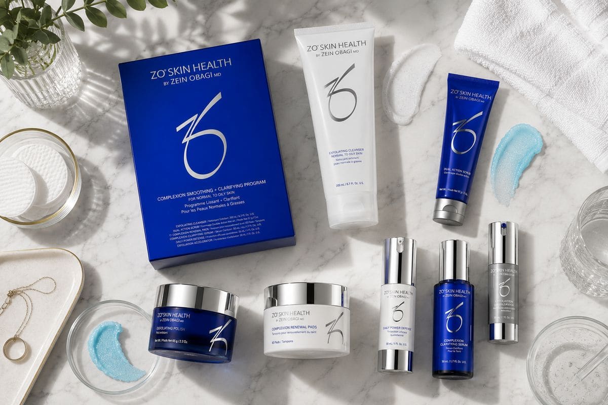 ZO Skin Health skincare products, including a cleanser, polish, pads and serums, on marble